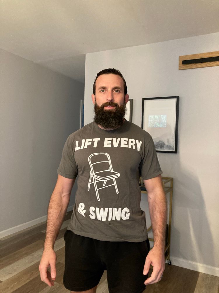 Man (me) in t-shirt that says 