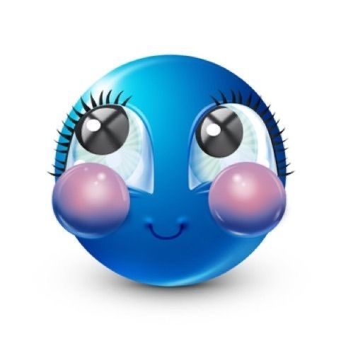 picture of a large blue emoji smiley face, it's eyes looking up, with large eyelashes and exaggerated rosey cheeks