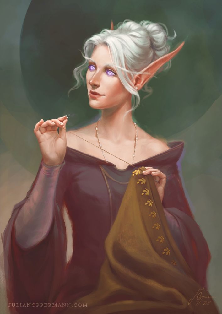 The painting shows a blood elf seamstress sewing away on a soon-to-be garment while she gazes longingly to the sideline. Her focus is not on her work, which she seems to be doing with ease.