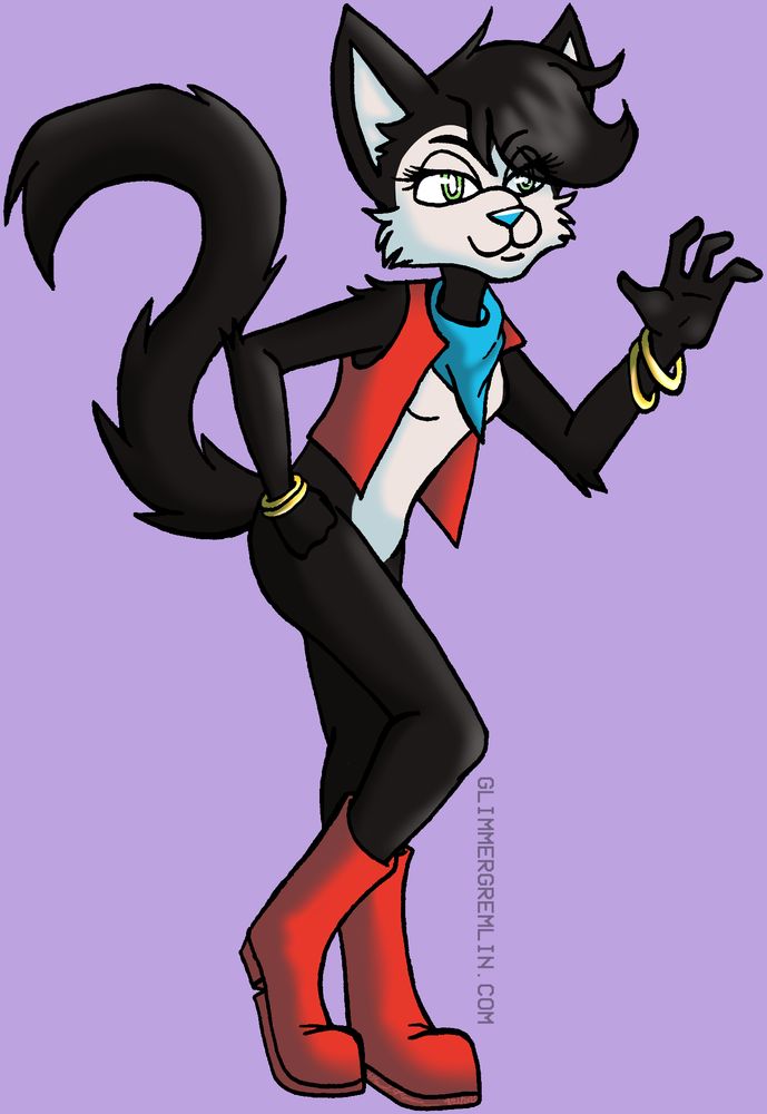 A full body drawing of Hershey the cat from the Sonic Archie comics. She is posed with one leg bent, hand on hip and one arm out to wave. It's a sassy and slightly flirty pose. She's wearing her normal outfit of red boots, red vest, and blue bandana around the neck. She also has two gold bangles on her arms. Her fur is black and white, green eyes, and a blue nose.
