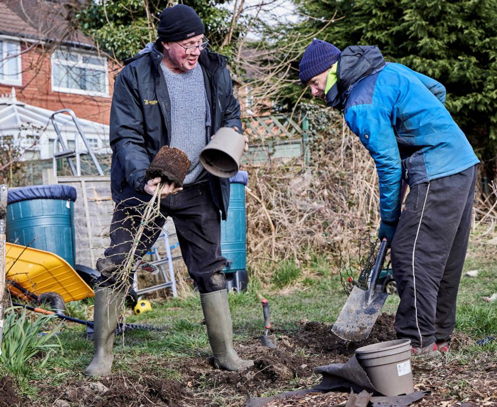 Local residents David Page and Peter Bates plant fruit trees