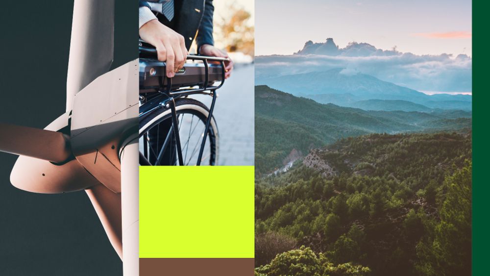Image collage featuring an airplane propeller on the left, a person on a bicycle in the middle, and a scenic mountain landscape on the right.
