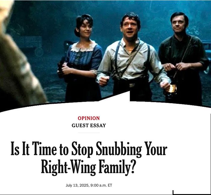 New York Times headline: "Is it Time to Stop Snubbing Your Right-Wing Family?"

Above the headline a photo of the vampires from Sinners, asking to be let in. The photo has been modified with a downward-facing word balloon to create the effect that the vampires are speaking the headline.