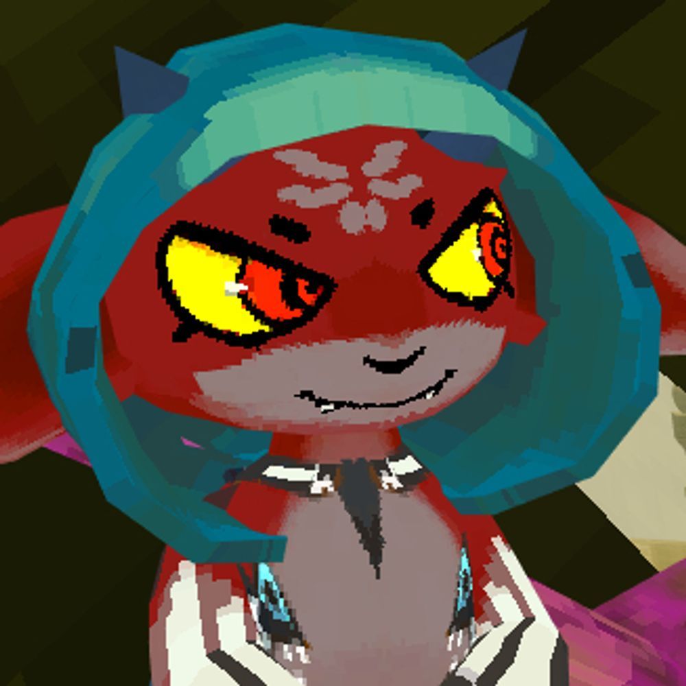 A little red imp dude up to no good, wearing a aqua blue hood.