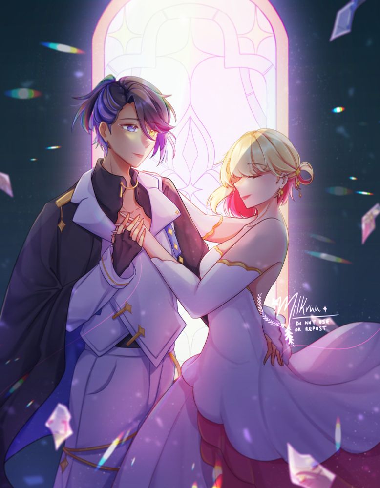 illustration of two ocs dancing in the light shining through from a stained glass window. the oc on the left is gazing softly at his partner, who has her eyes closed. there are shards of glass that reflect images of them in their past lives flying around them in the foreground and background. a faint red strand connects the two of them.
