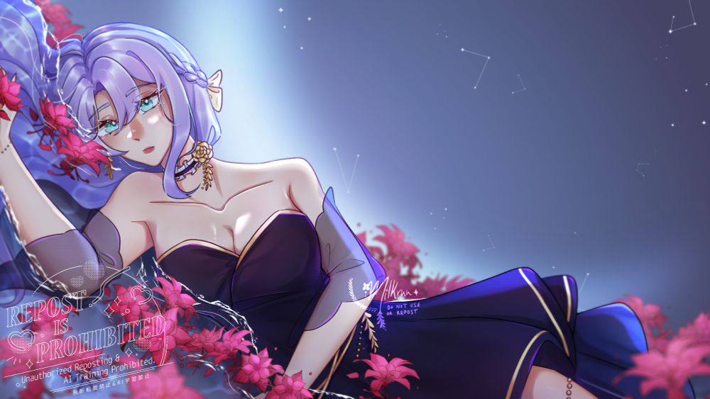 illustration of milk's oc laying in the water on her side, looking towards the camera. she is surrounded with vibrant reddish pink lilies floating in the water, with the moonlight shining behind/over her  