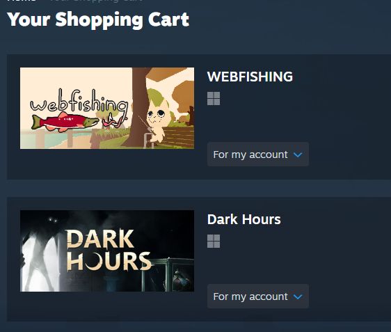 screenshot of a steam shopping cart. there are 2 games listed: Webfishing, and Dark Hours.