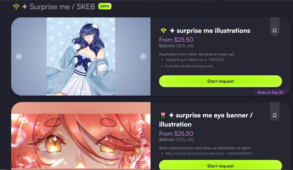 screenshot of milkruu's skeb options on vgen; currently on sale for the month of september. there is a regular illustration version and an eye banner option. 
