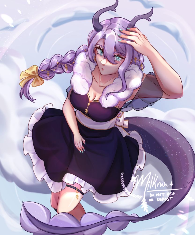 illustration of an oc with dragon features (horns and tail) sitting on a cloud on the sky. she is shielding her eyes from the sun with one hand, and her hair is in a braid that is swaying in the wind
