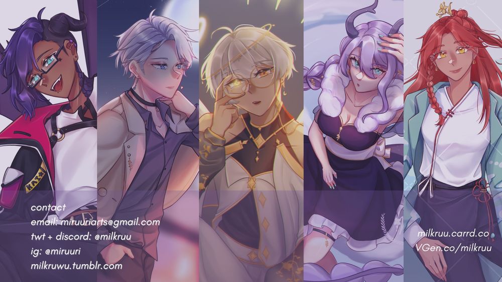 collage of 5 different illusts, with contact and socials listed. the contact and socials listed are the same as in the post.