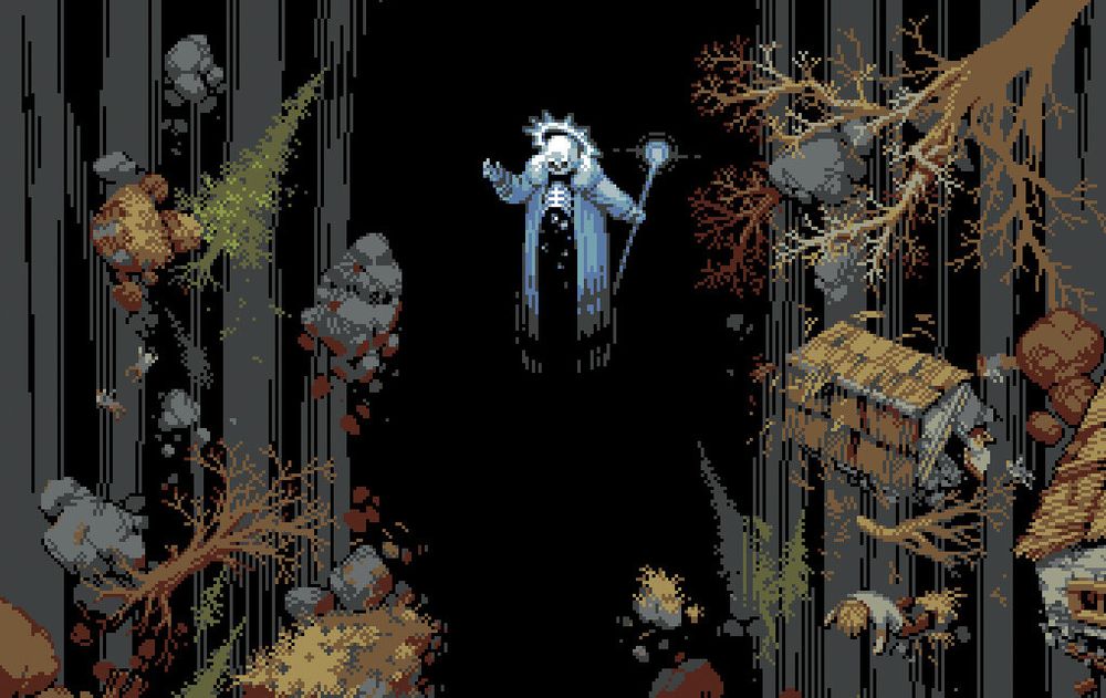 Loop Hero key art. The image shows a Lych-like-character which is basically destroying everything around him, bits of concrete and terrain and trees flying around