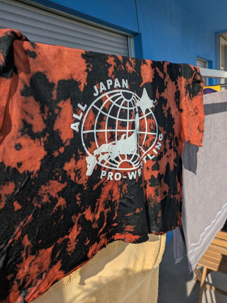 My, 30 mins ago black AJPW T-shirt. It has the logo for All Japan Pro Wrestling in the middle and several orange stains in a random pattern. It is sun drying right now.