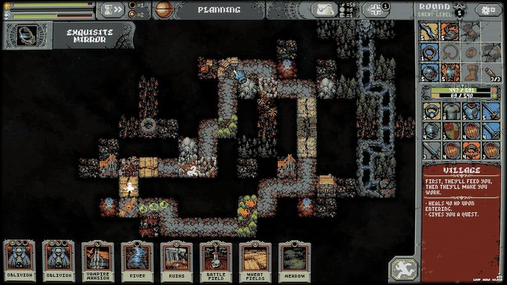 A screenshot from Loop Hero. It shows an (admitedly crowded) dungeon set up in a loop, and the inventory in the right side of the screen