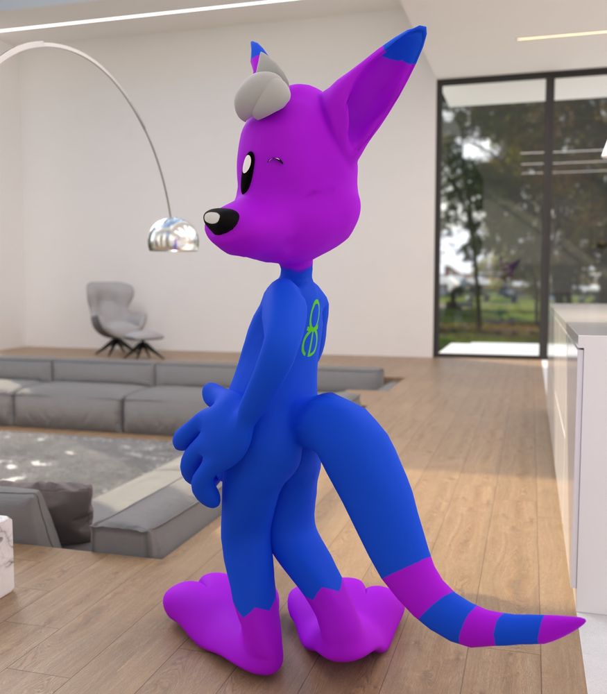 (version 1) quants (me) the kangaroo is standing in a brightly lit modern looking apartment or something. my backside is facing the camera, and i'm looking behind me and winking at the camera. one hand is on my hip, the other is hidden. the implication is that you've walked in on me while i'm naked but i don't mind because you're cute.