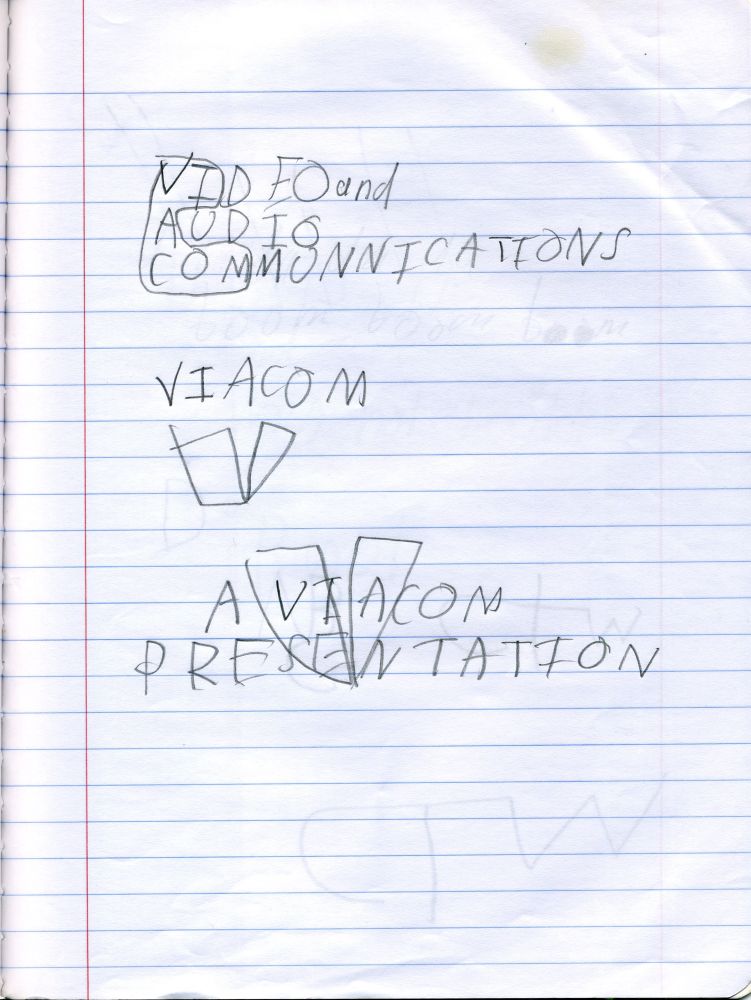 another thing from 3rd grade (probably age 8). first highlighting how "Viacom" is an abbreviation of "video and audio communications". second an attempt at drawing of the viacom logo. third another attempt at drawing the logo with "A VIACOM PRESENTATION" over it.