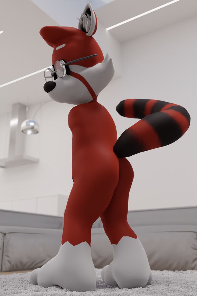 x (red panda) is facing away from the camera, looking backwards at it, bending forward slightly and lifting his tail as if presenting his hindquarters