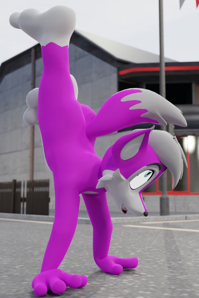 Pete (the wolf) is doing a somersault on a street. he's mid-action, standing on his hands with his feet presumably about to flip over his head and land on the ground. he's looking very happy about doing this. he's also not wearing any clothes.