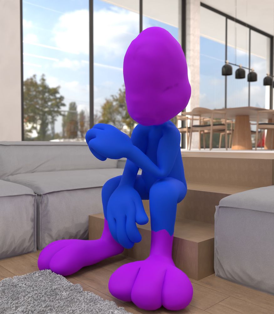 me with no face and no tail sitting in front of some stairs, arms positioned like i'm thinking