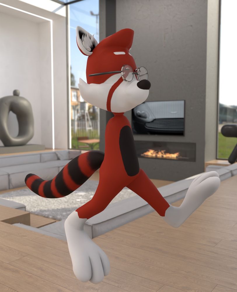 x red panda doing a little jump, he has no arms and no clothes and looks happy