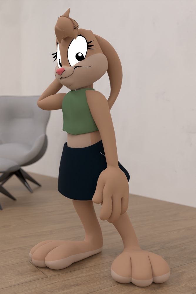 Retro (bnuuy) is standing with her hand behind one of her ears. she looks a little shy but don't be fooled. she can and will attack at any moment.