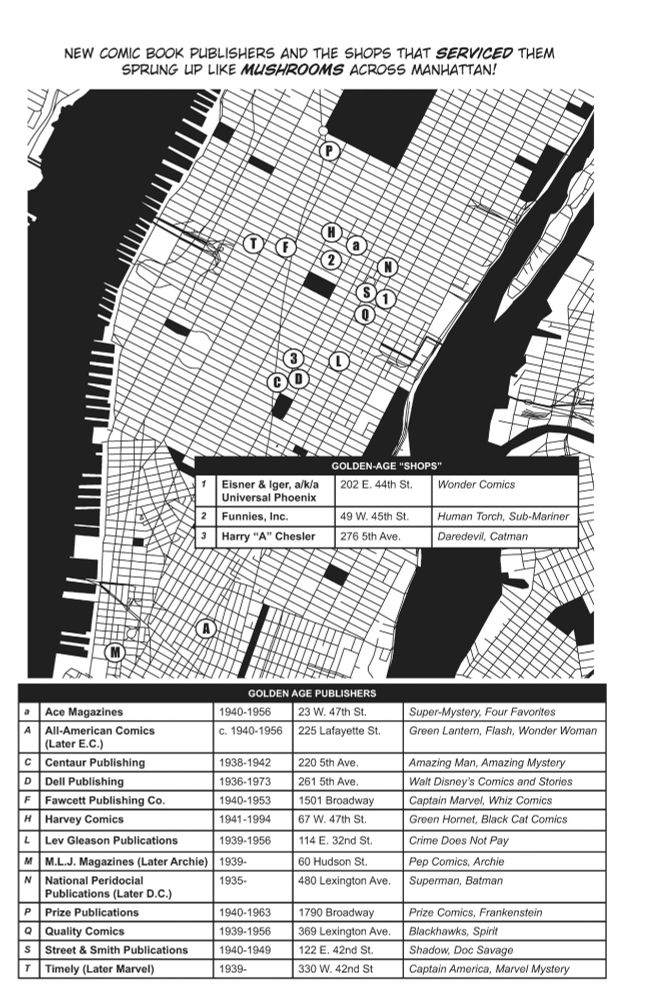 Fred Van Lente and Ryan Dunlavey, The Comic Book History of Comics (2012), map of early comics studios in New York City