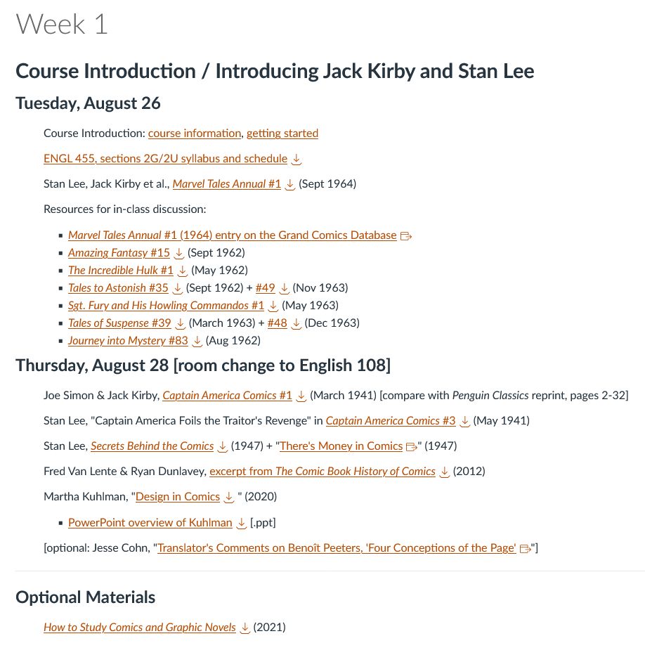 Canvas landing page overview of ENGL 455: Jack Kirby and Stan Lee, Week 1