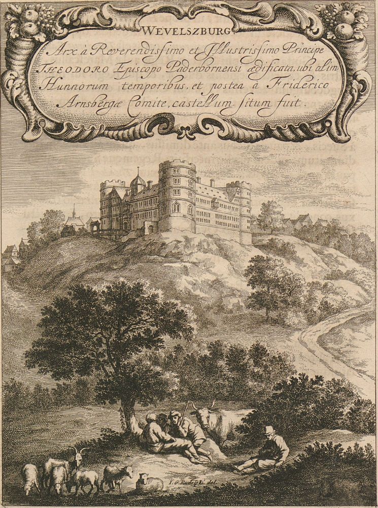 Illustration of Wewelsburg Castle and environs by Johan Georg Rudolphi,, from Monumenta Paderbornensia (1672)