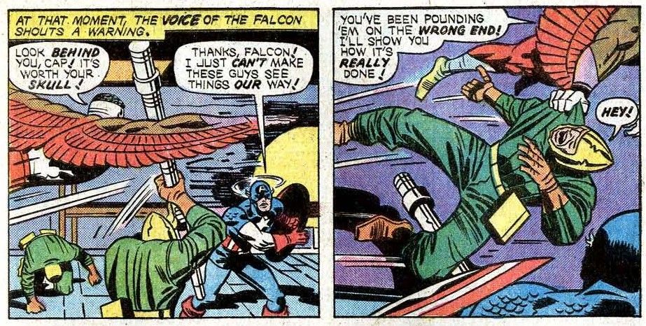 Hey--Phrasing! "You've been pounding 'em on the wrong end! I'll show you how it's really done!" Jack Kirby, Captain America #195 (Marvel, March 1976)