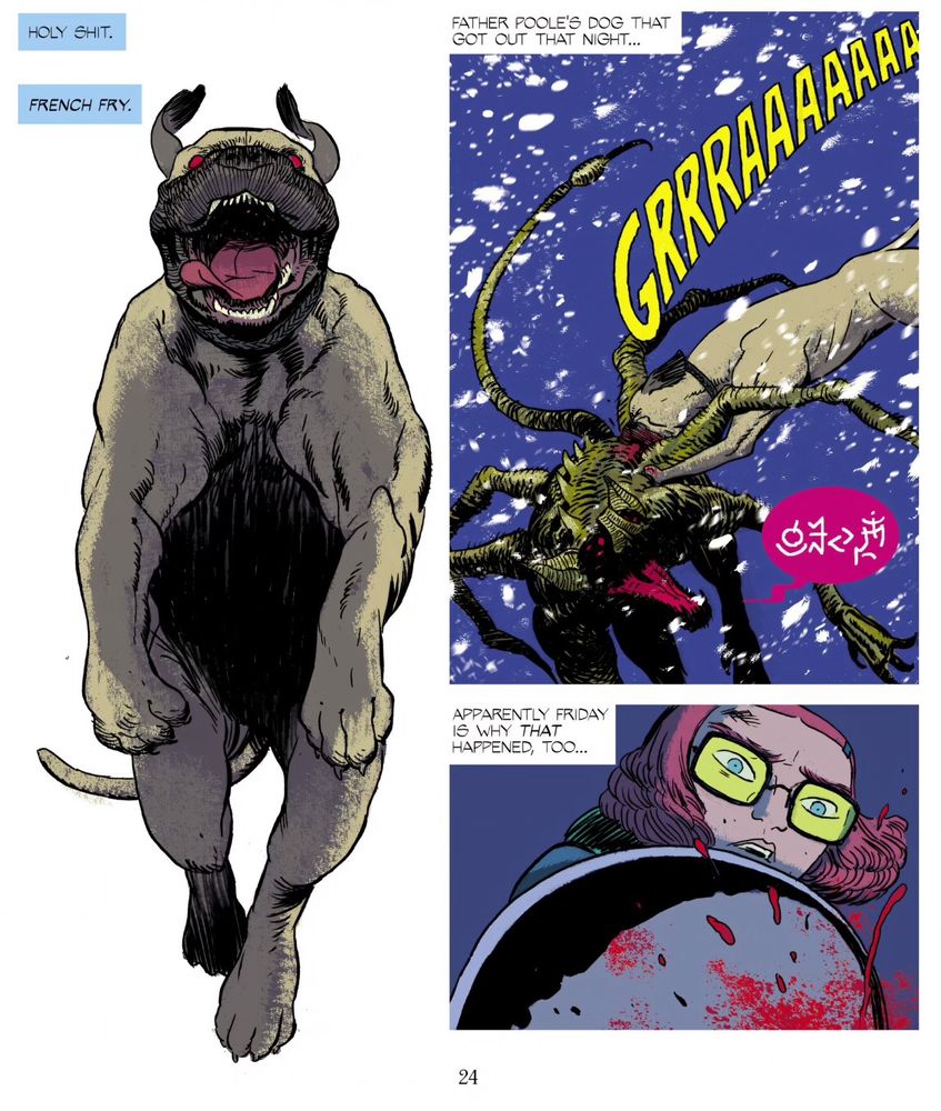 Panels from Friday Book 3 (2024), depicting a good boi named French Fry leaping to the rescue of the main character 