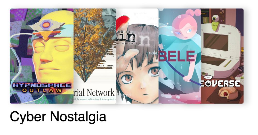 5 game covers with the title of "Cyber Nostalgia" beneath them.