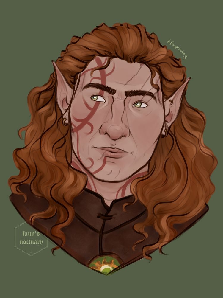 A digital coloured sketch of the wood elf druid character Halsin from the video game Baldur’s Gate 3. He has tanned skin, green eyes, reddish-brown hair, four scars down the left side of his forehead, and a red spiral tattoo down the right side of his face. 