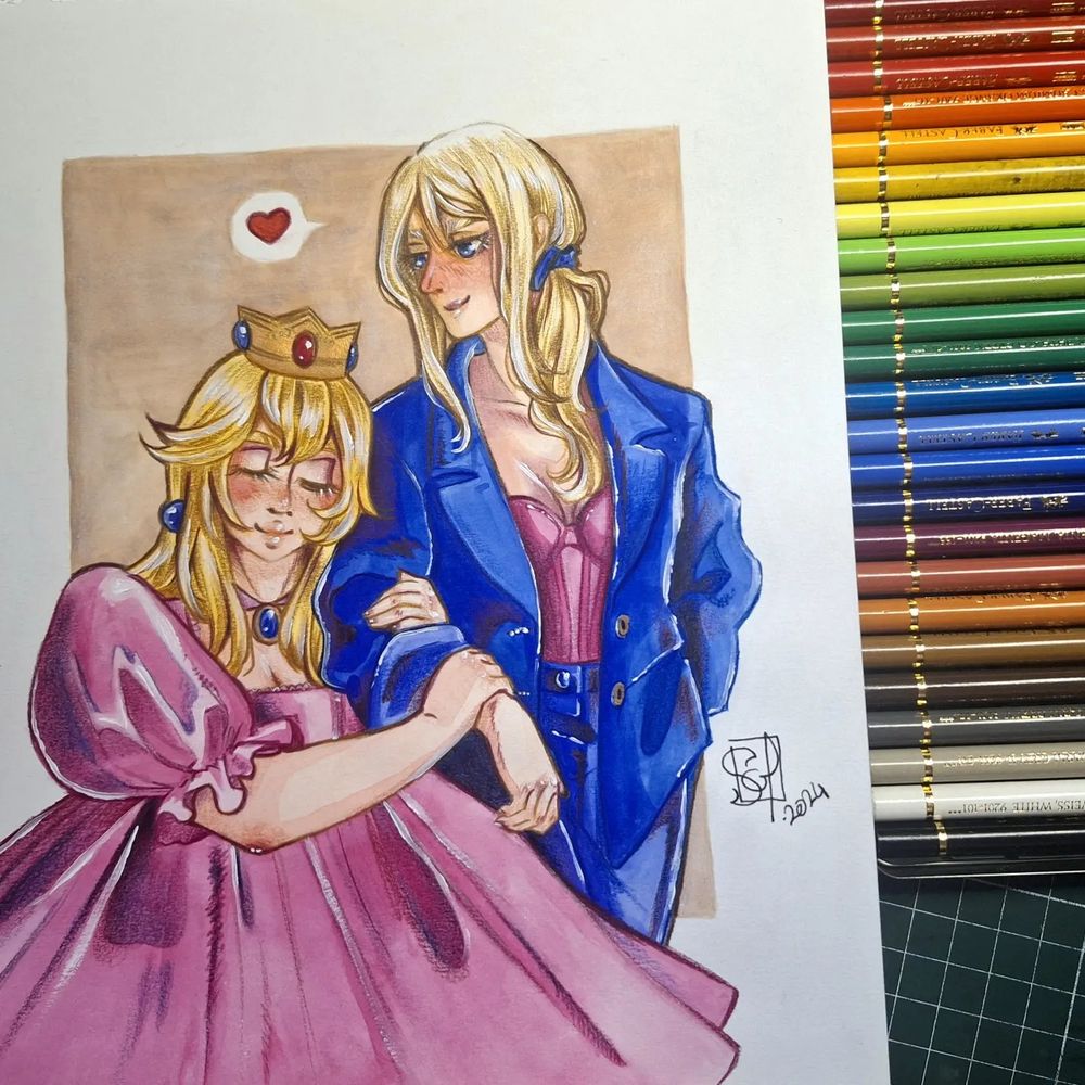 Fanart Samus x Peach. Au traditionnel, Peach tiens Samus par le bras et elles sont habillé en tenue de soirée, peach en rose et samus en bleu. 