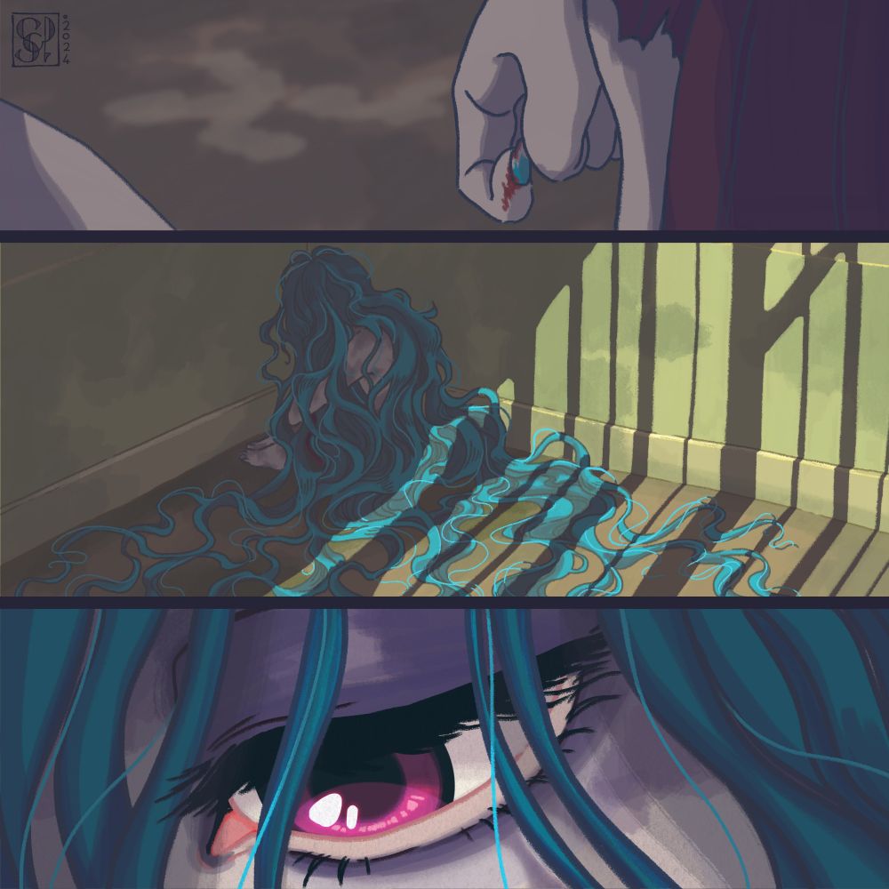 Fanart de Jinx d'une scène de la dernière saison d'arcane, elle est dans un coin de la prison en boule, cheveux détaché. Gros plans sur son œil et sa main