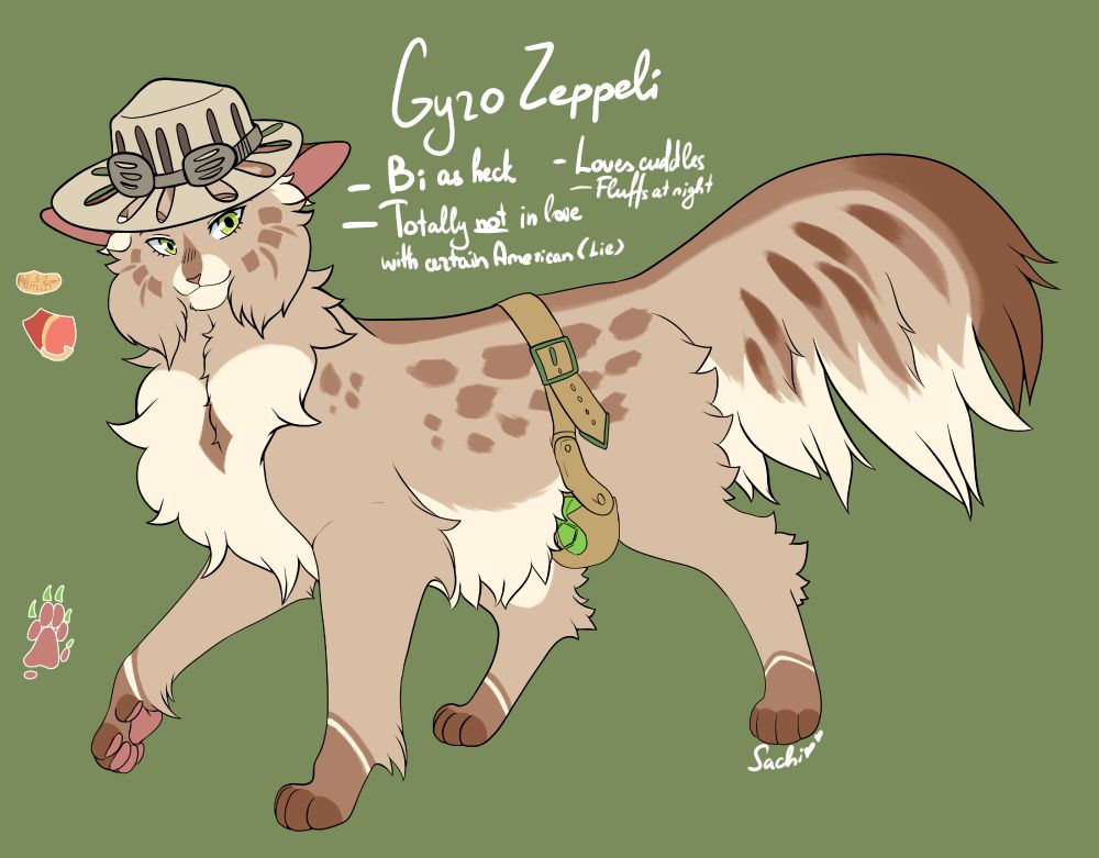 cat design of Gyro Zeppeli. Headcanons: Bi as heck, Totally NOT in love with a certain American (lie), Loves cuddles, Fluffs at night