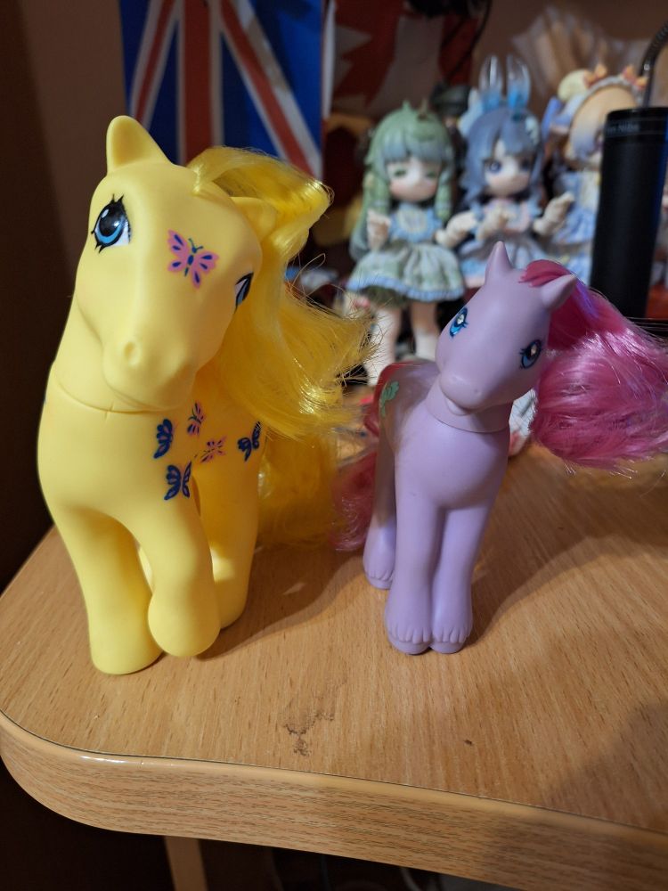 Depicts two my little pony toys from first and second generation: one is a yellow pegasus with yellow mane and blue eyes with butterfly symbols all over her body and the other is a purple with dull magenta mane and blue eyes adorned by crystals 