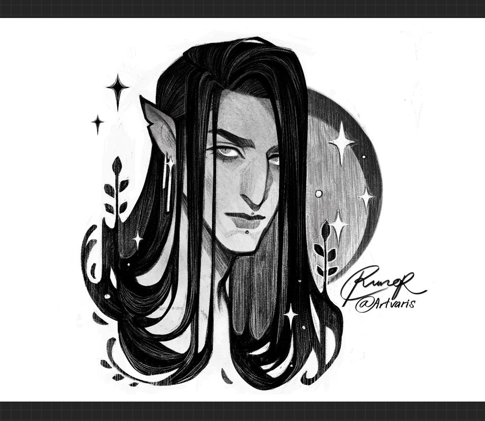 A black and white drawing/sketch of a character with long dark hair.