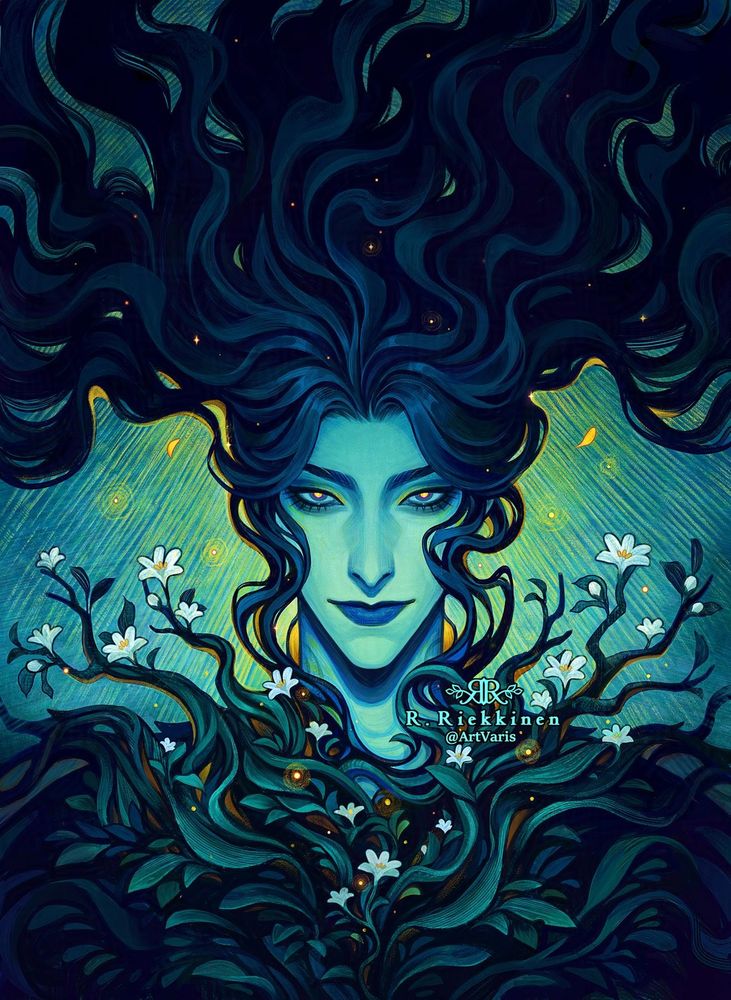 An illustration portraying a character with flowy, long dark hair. Small glowy particles flow in the air around them and the same glow is replicated in the eyes of the character as they gaze at the viewer. Their body from the neck down is fully covered by foliage and flowers. The brush strokes and textures are clearly visible.