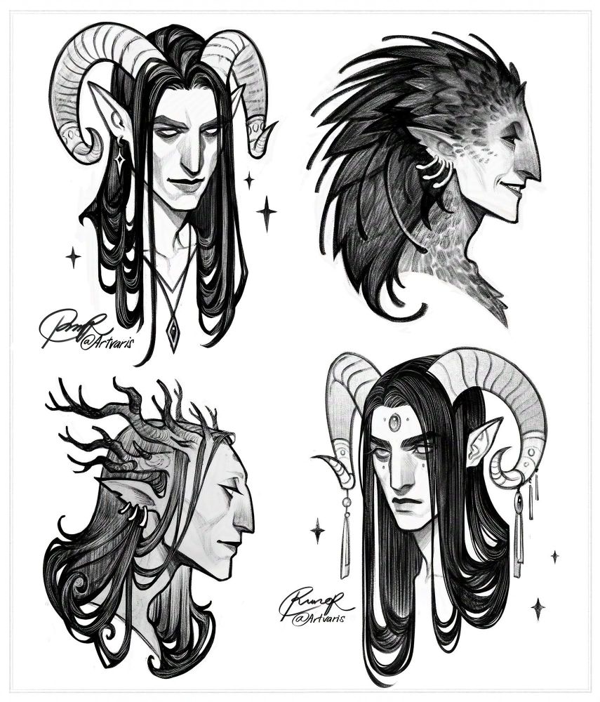 Black and white drawings/sketches of various fantasy characters. Most of them have horns.
