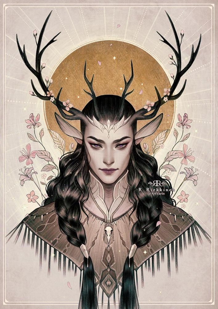 A portrait of a character with long dark hair worn in two braids. They have long, non-human ears and long antlers decorated by flowers and various flowers are blossoming behind them.  A circular sun shape frames the face of the character.