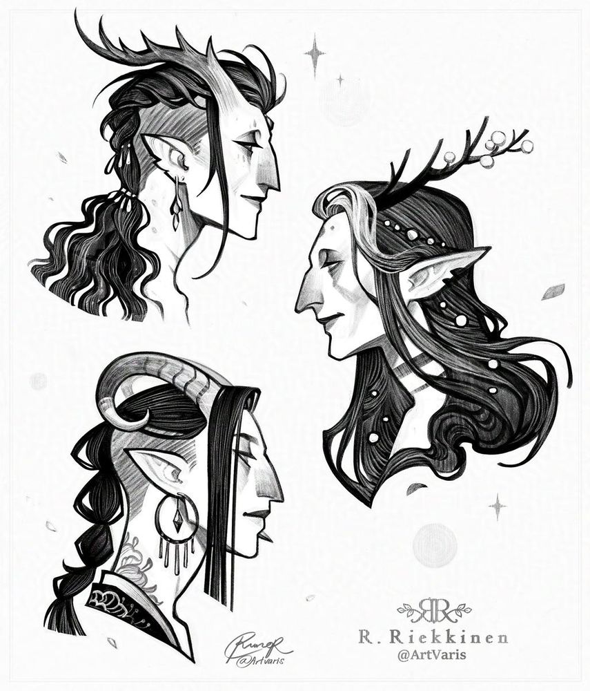 Black and white sketches of various fantasy characters, all three of them have pointy ears, dark hair and horns.