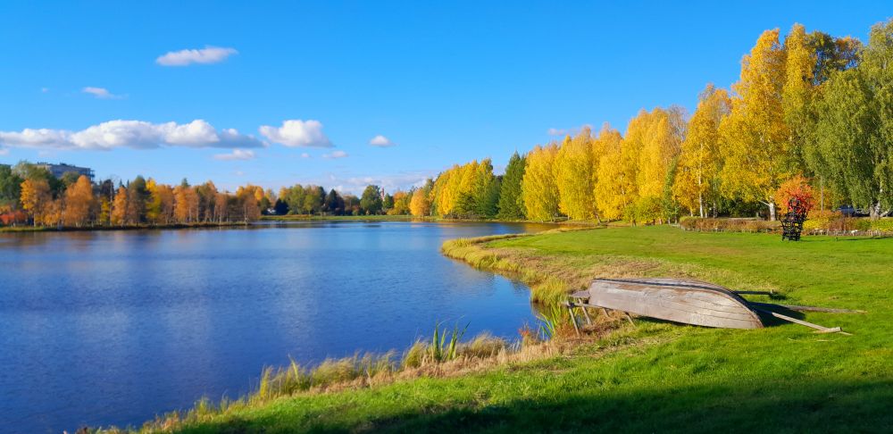 An autumnal scenery with a bright blue sky