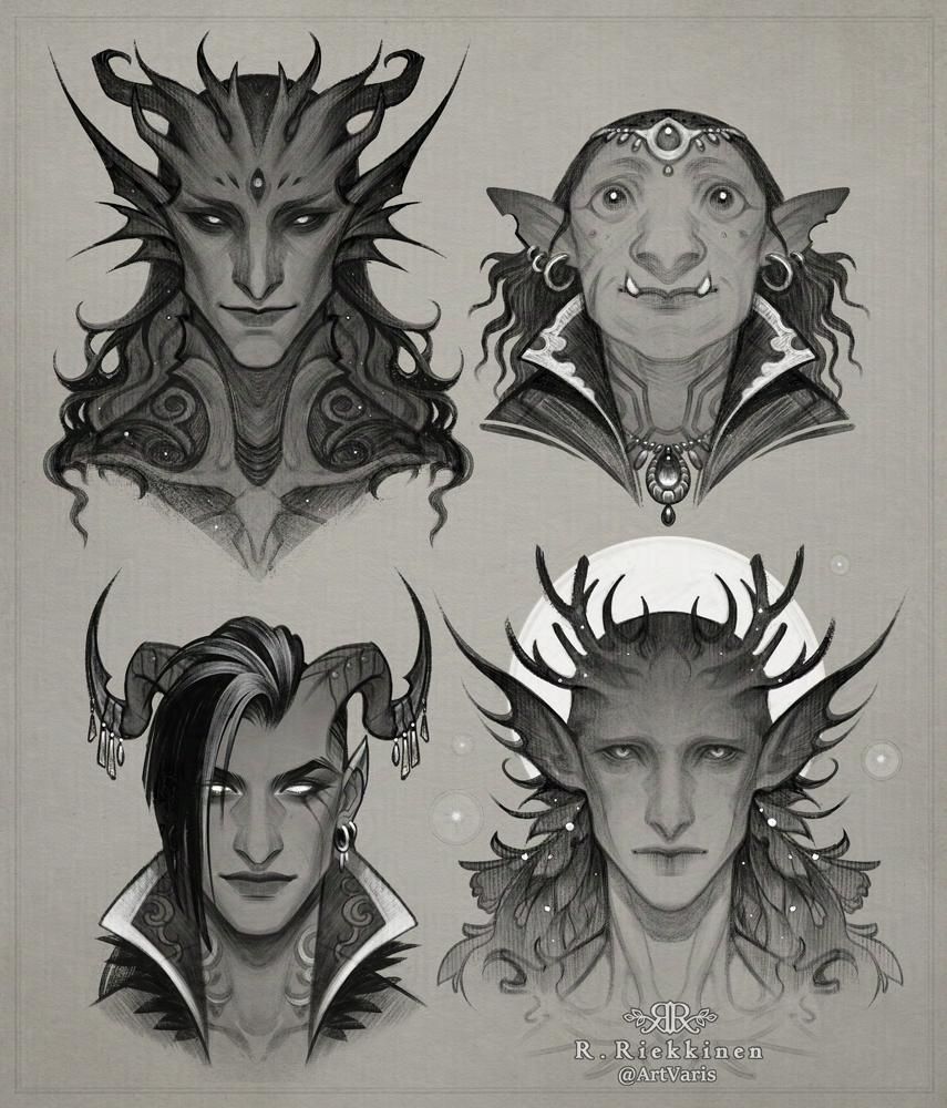 A monochromatic sketch page of various fantasy characters. All of them are facing toward the viewer and most have horns. The textures and brush strokes are clearly visible. Drawn in 2023.