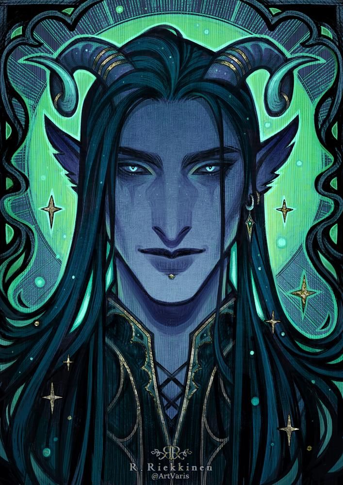 A colorful portrait of a fantasy character (they/them) with long dark hair and curly horns. They wear golden jewelry and decorated clothing.