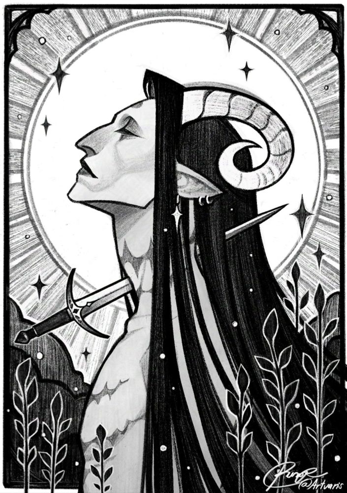A black and white drawing of a character with long dark hair and curly horns, surrounded by stylized foliage. A symbolic dagger seems to be piercing their throat. The character has a calm expression - eyes closed and a subtle smile on their lips. 
