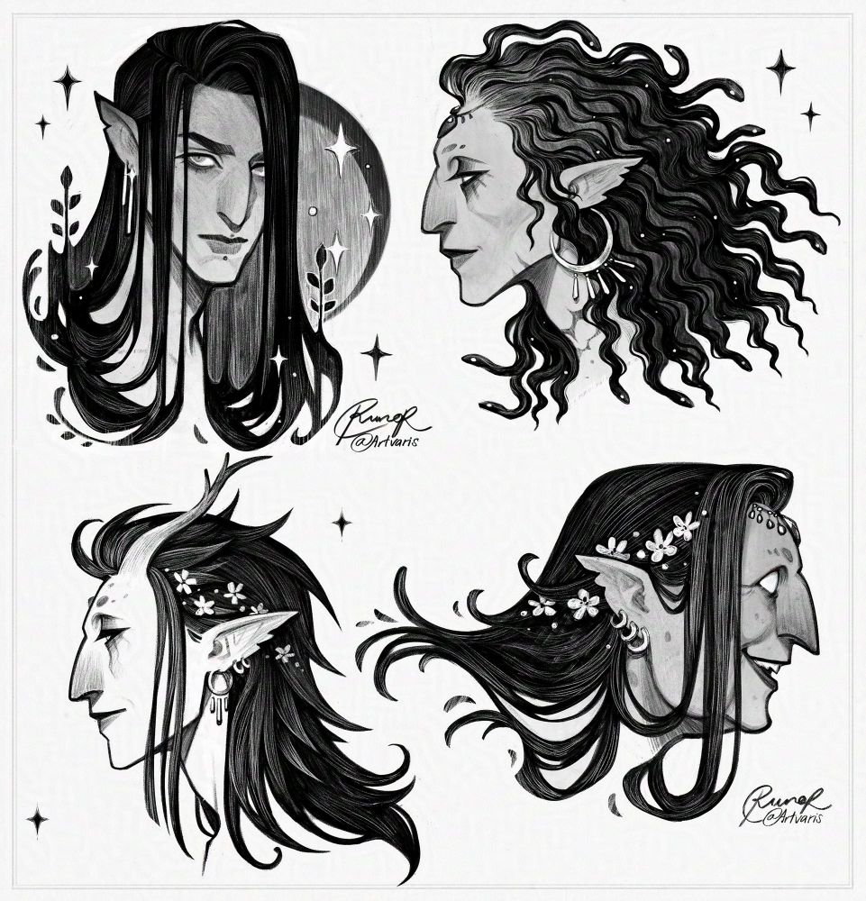 Black and white drawings/sketches of various fantasy characters, collected on one page. All of them have dark hair and pointy ears.