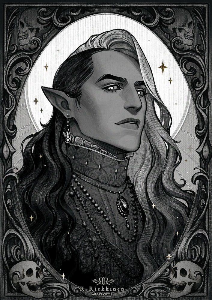 A decorative and detailed black and white portrait of a long-haired character with pointy ears. They are dressed in fancy clothing and wear jewelry. Their eyes seem to be slightly glowing as they gaze at the viewer.