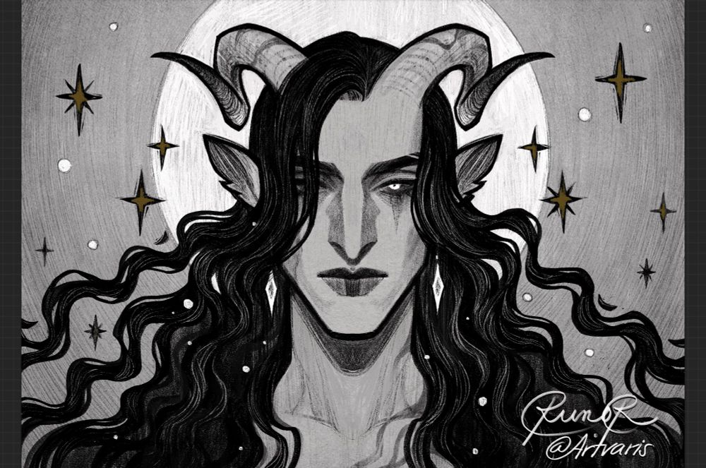 A black and white drawing of a character with long dark hair and curly horns. The textures and pencil strokes are clearly visible.