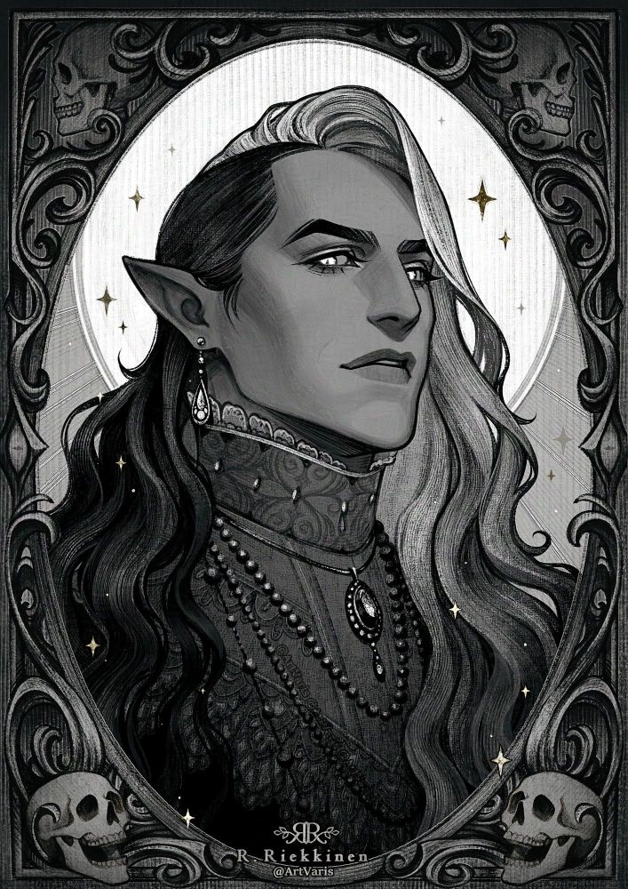 A decorative and detailed black and white portrait of a long-haired character with pointy ears. They are dressed in fancy clothing and wear jewelry. Their eyes seem to be slightly glowing as they gaze at the viewer.