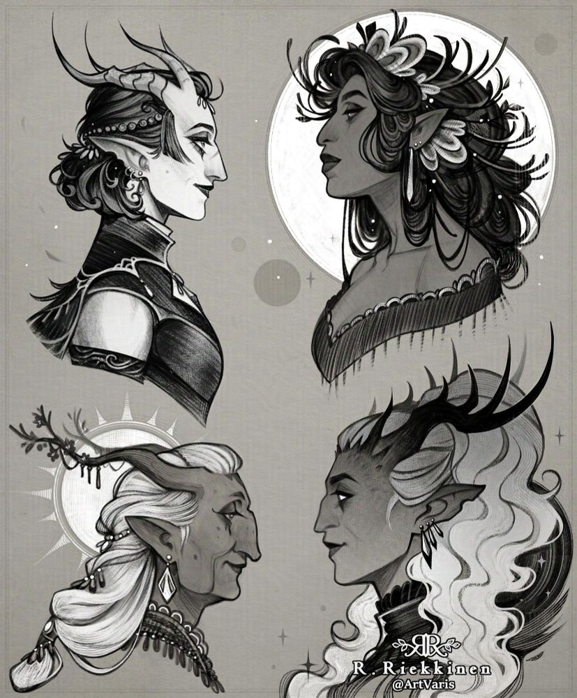 A monochromatic sketch page of various fantasy characters. Most of them have horns. The textures and brush strokes are clearly visible and all 4 characters are portrayed from a side view.