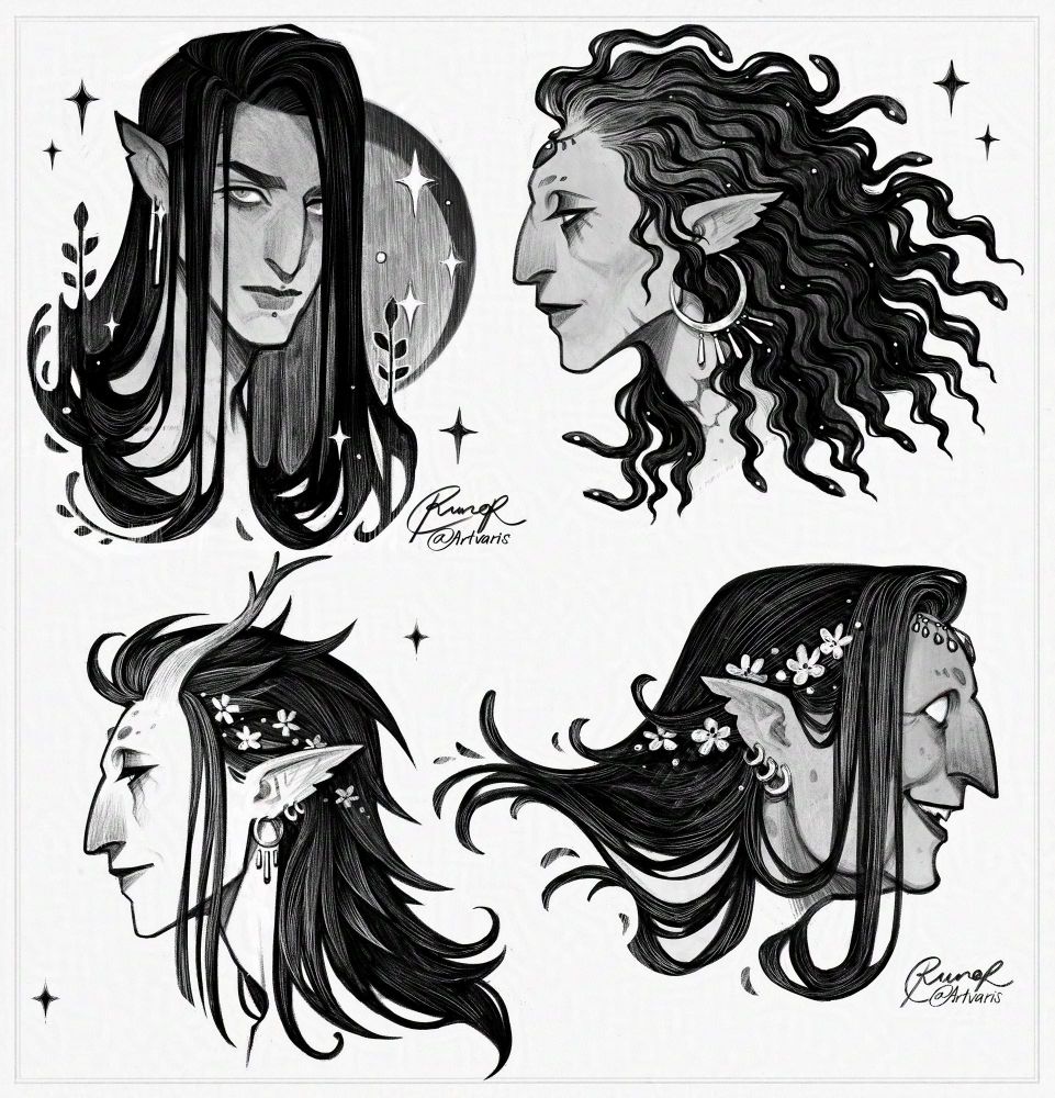 Black and white drawings/sketches of various fantasy characters, collected on one page. All of them have dark hair and pointy ears.